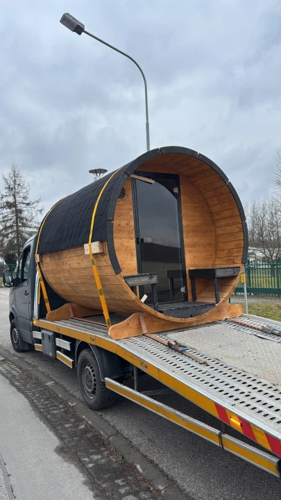 Mobile SpaDucha Fasssauna – Terrasse und große Panoramafront, Premiumausführung