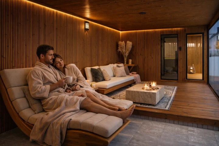 Modernes Gartenspa mit Sauna und Jacuzzi – SpaDucha Balance House im Außenbereich