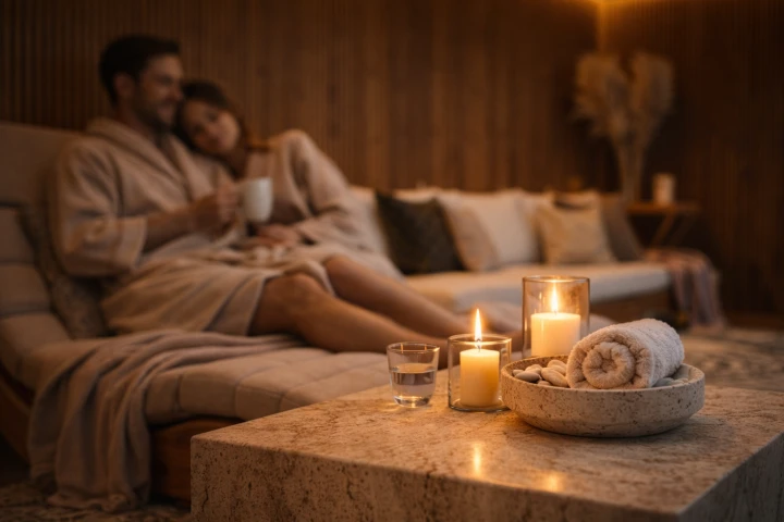 Spa Komplettset bei Nacht – beleuchtete Sauna und Jacuzzi im Garten von SpaDucha Balance House