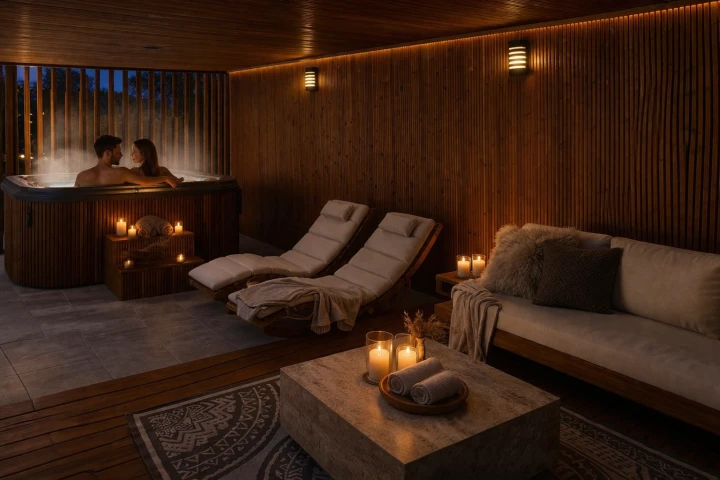 Relaxbereich im Gartenspa – moderner Wellnessraum mit Holzdesign SpaDucha Balance House