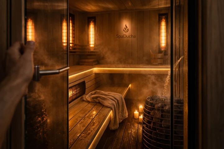 Moderne Gartensauna aus Holz – Innenraum mit LED Beleuchtung SpaDucha Balance House