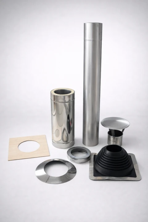 Komplettes Schornsteinset aus Edelstahl für Saunaöfen – alle Elemente übersichtlich dargestellt.