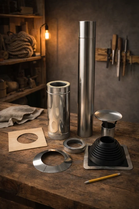 Schornstein-Komponenten in realistischer Werkstattumgebung – Qualität direkt vom Hersteller.