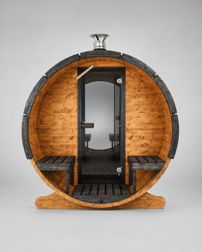 SpaDucha Premium Fasssauna – Außenansicht auf Anhänger, Black-Friday-Edition 2026.png