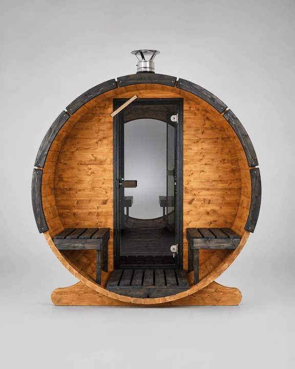 SpaDucha Premium Fasssauna – Außenansicht auf Anhänger, Black-Friday-Edition 2026.png