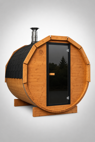 SpaDucha Premium Fasssauna 180x200 cm Bausatz mit Cozy Holzofen BImSchV 2, Spiegelglas-Tür und LED-Beleuchtung