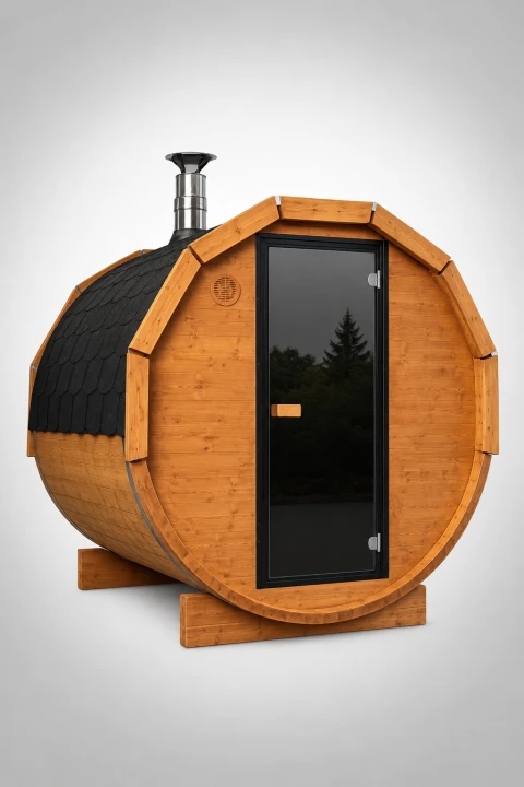 SpaDucha Premium Fasssauna 180x200 cm Bausatz mit Cozy Holzofen BImSchV 2, Spiegelglas-Tür und LED-Beleuchtung