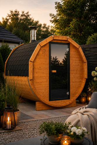 Fasssauna 180x200 cm im Garten – Premium Sauna Bausatz mit Holzofen Cozy BImSchV 2 von SpaDucha