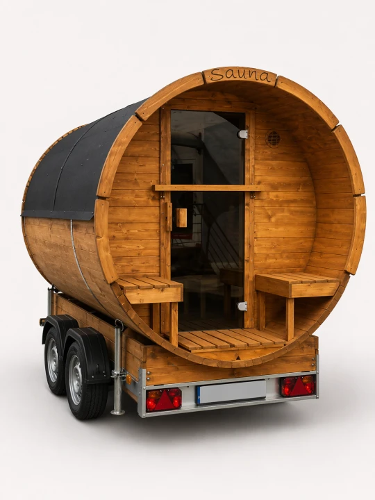 Beheizter Lagerraum auf Anhänger 250 cm – Frontansicht mit Premium-Holzverkleidung und Treppe