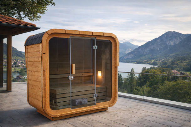Moderne Gartensauna auf einer Terrasse mit Seeblick und Berglandschaft