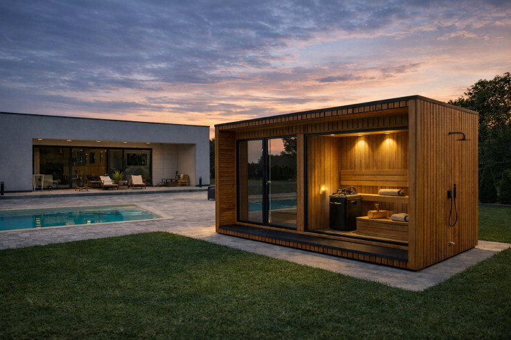 Moderne Gartensauna aus Holz neben einem Pool vor einem minimalistischen Einfamilienhaus bei Sonnenuntergang