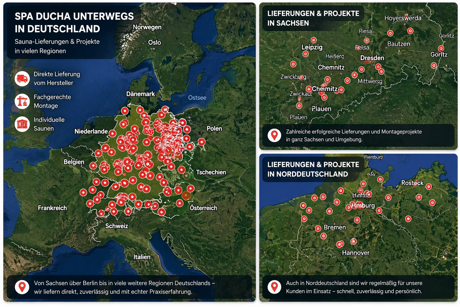 Sauna Lieferungen und Projekte von SpaDucha in Deutschland Karte mit Referenzregionen